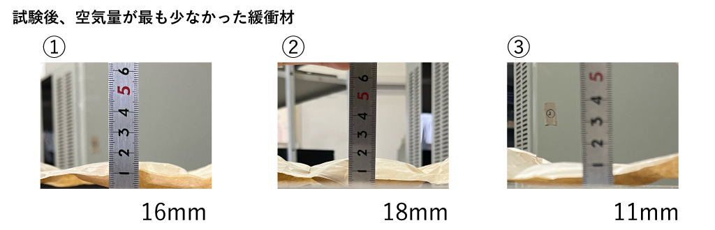 振動試験を終えた紙緩衝材のサンプル　空気量が少ないサンプル